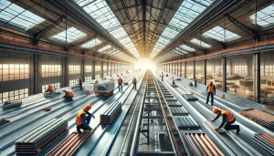DALL·E 2025-03-03 08.49.57 – An industrial warehouse undergoing roof rehabilitation for improved energy efficiency and durability. The image highlights workers replacing old roofi