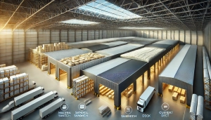 DALL·E 2025-03-03 09.38.42 – An industrial warehouse featuring different types of roofing materials for protection, insulation, and efficiency. The image showcases a large, well-l