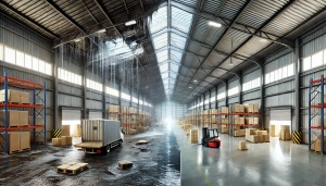 DALL·E 2025-03-03 10.39.57 – An industrial warehouse with a damaged roof showing water leaks and an effective repair solution. The left side of the image illustrates a leaking roo