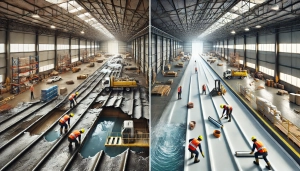 DALL·E 2025-03-03 14.46.11 – An industrial warehouse roof with visible water leaks and an effective repair process. The left side of the image shows a damaged roof with water seep