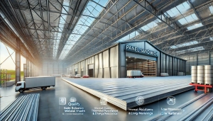 DALL·E 2025-03-03 15.46.06 – An industrial warehouse featuring a newly installed panel sándwich roof for maximum durability and efficiency. The image highlights the structure’s re
