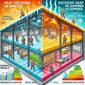 DALL·E 2025-03-03 16.32.36 – A cartoon-style illustration of an industrial warehouse roof, divided into two sections to show the difference in thermal insulation. On the left, the