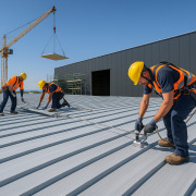 instalación de cubiertas industriales - equipo profesional montando estructura en nave