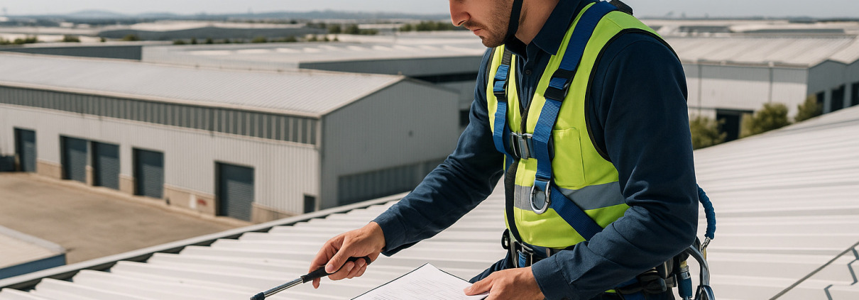 mantenimiento de cubiertas industriales - técnico realizando inspección en cubierta nave