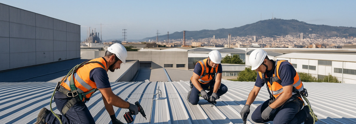 reparación de cubiertas industriales Barcelona - técnicos especializados trabajando en nave