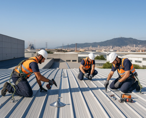 reparación de cubiertas industriales Barcelona - técnicos especializados trabajando en nave