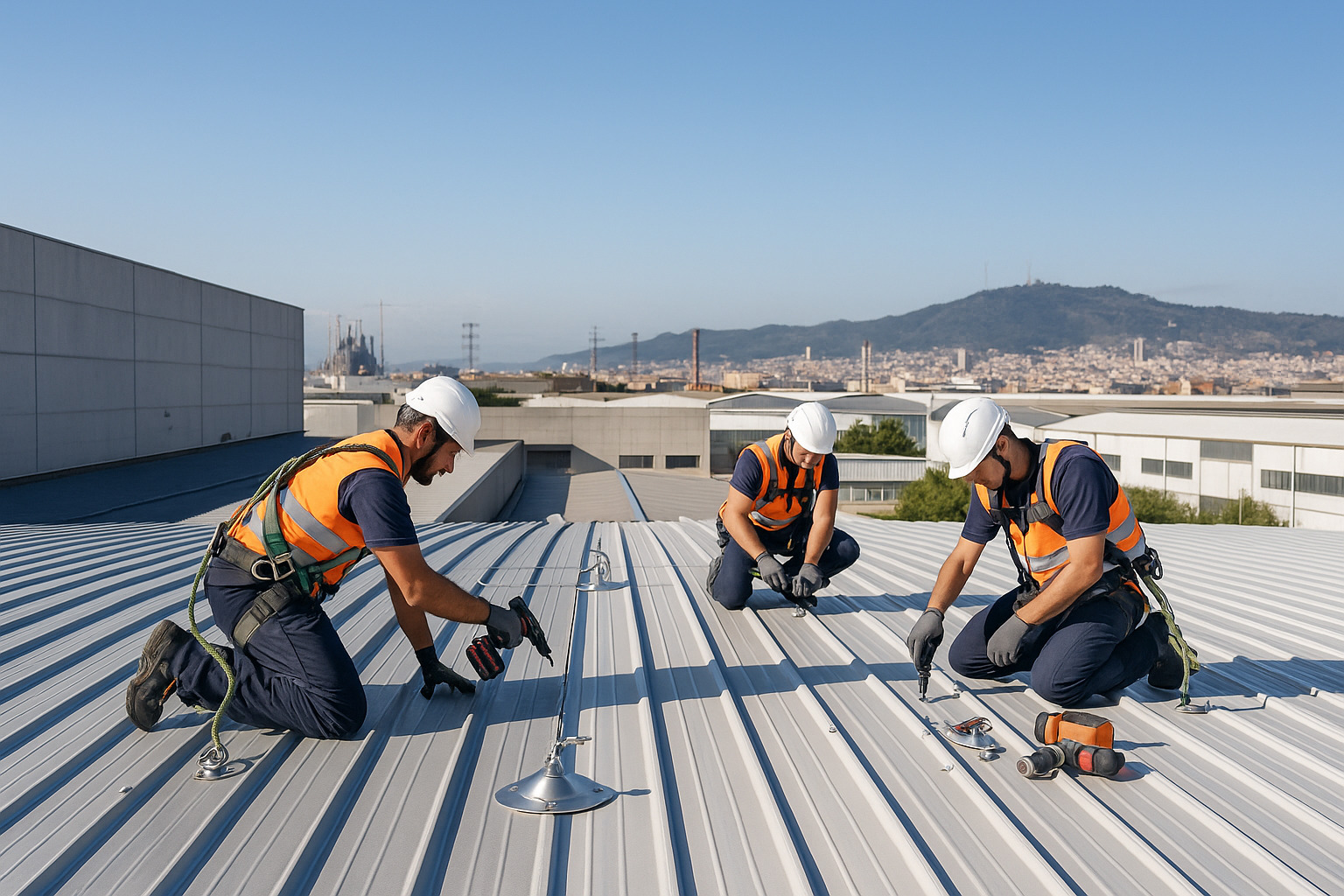 reparación de cubiertas industriales Barcelona - técnicos especializados trabajando en nave